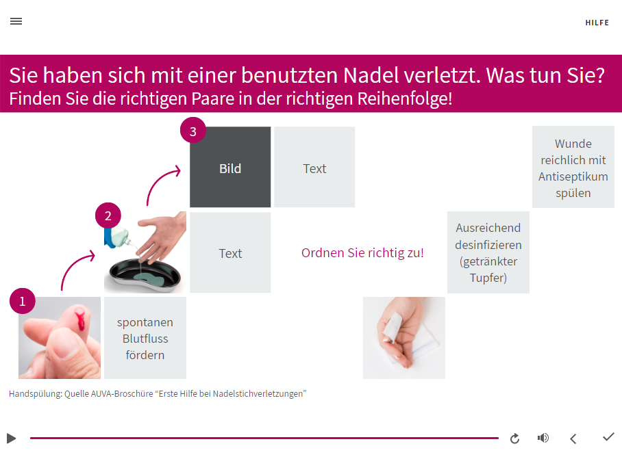 Nadelstich-Unterweisung auf der Akawiki E-Learning Plattform (basierend auf LMS eFront basic) von der Oberösterreichischen Gesundheitsholding